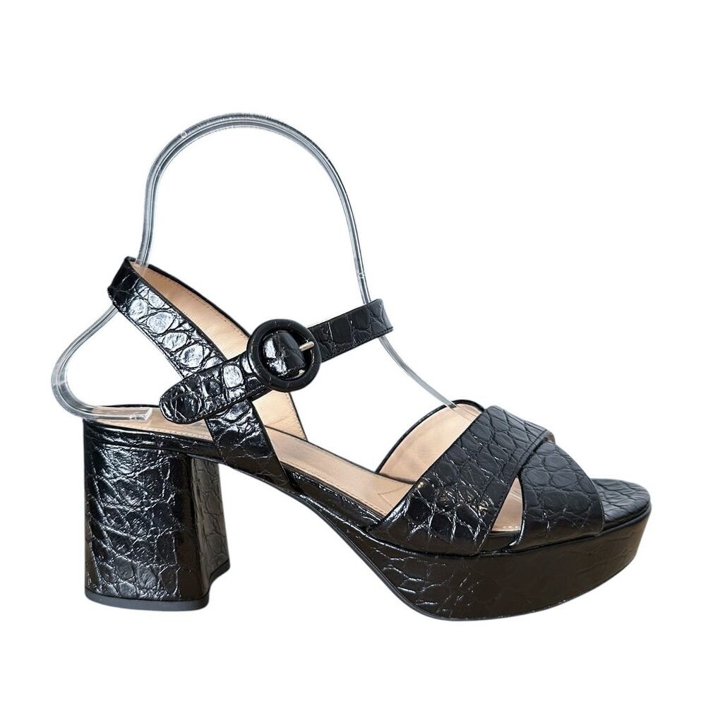 Prada Black Leather Crisscross Platform Block Heel Sandals 36